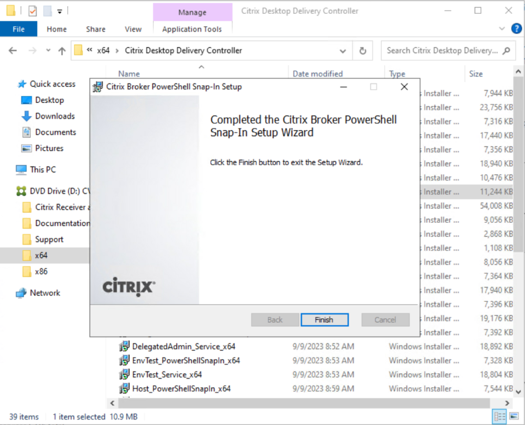 Broker PowerShell snap-in install complete screenshot.