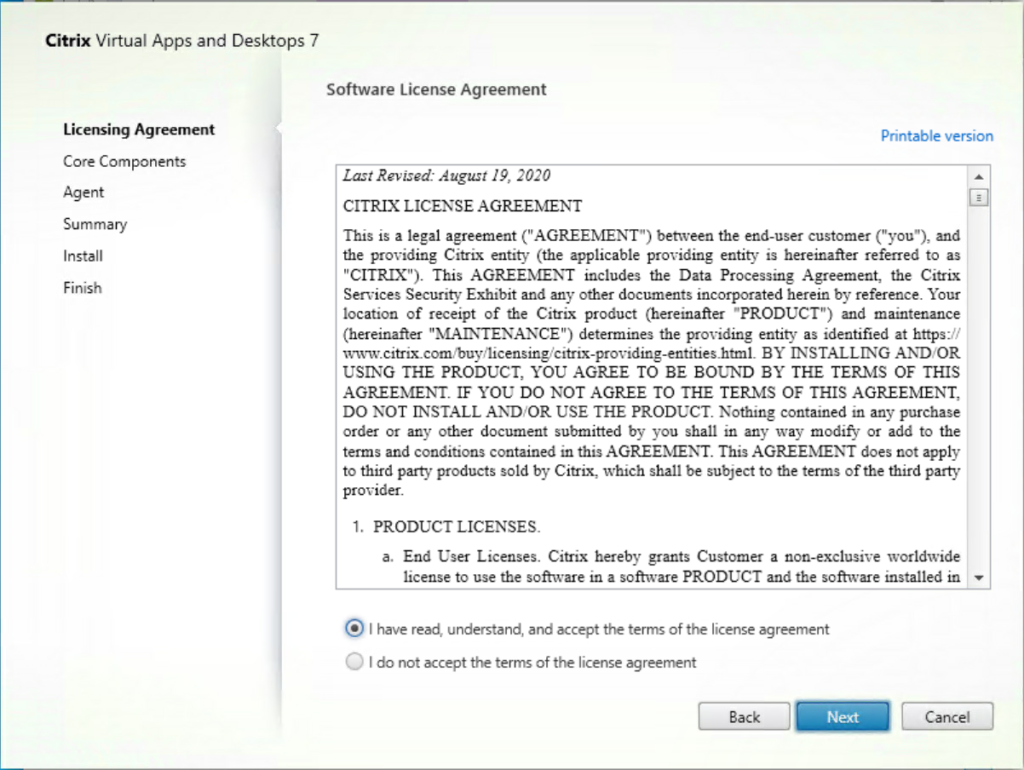 CVAD software License Agreement screenshot.