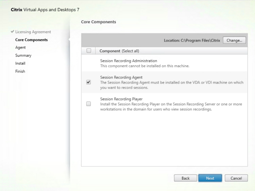 Session Recording core components selection screenshot.