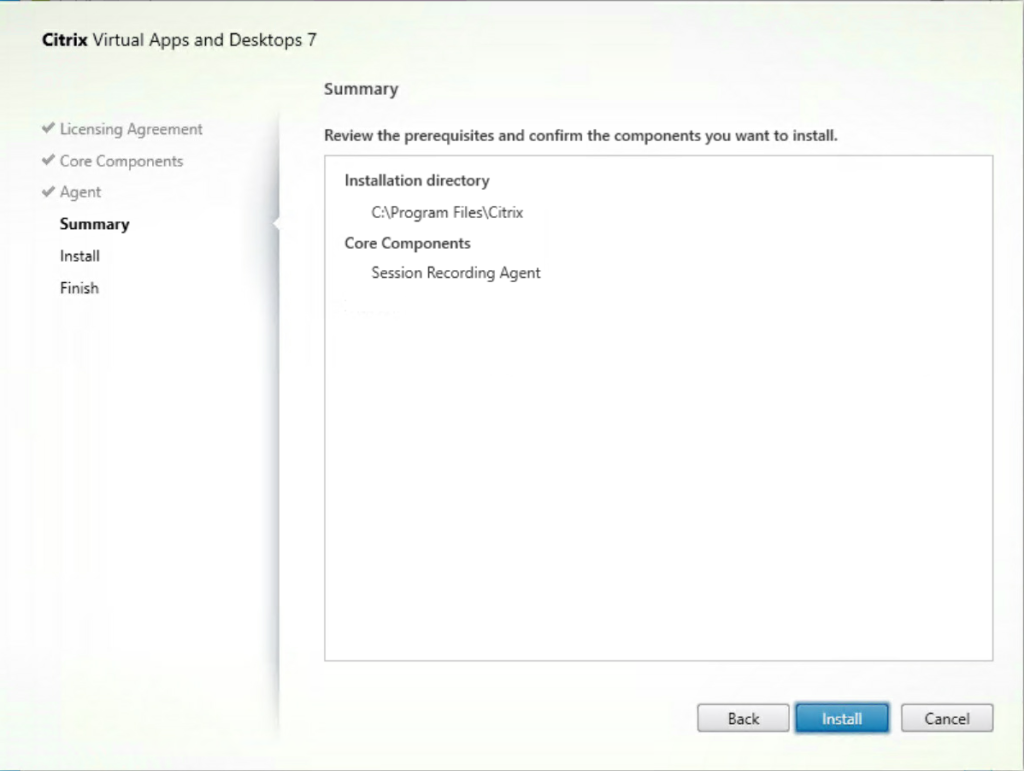 Session Recording agent install summary screenshot.