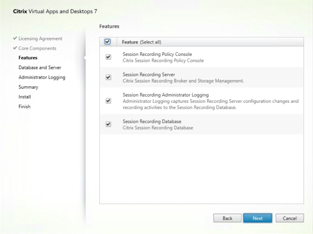 Session Recording Features selection screenshot.