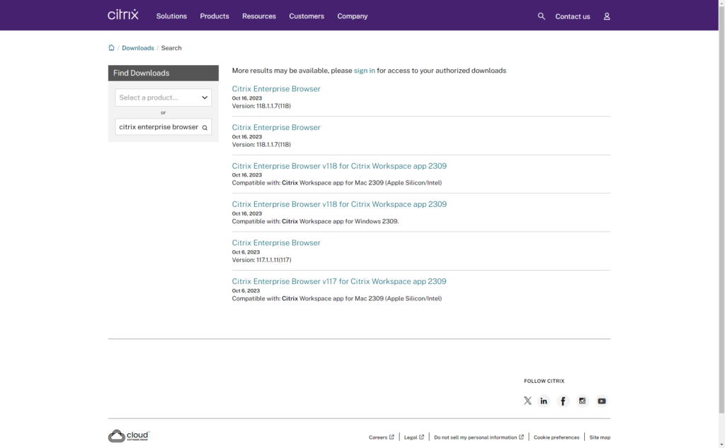 Citrix Enterprise Browser standalone installer download page