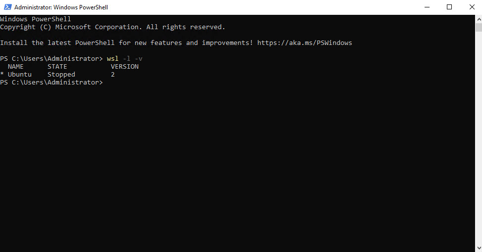 Verify WSL status after installation.