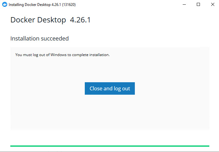 Docker installation succeeded window.