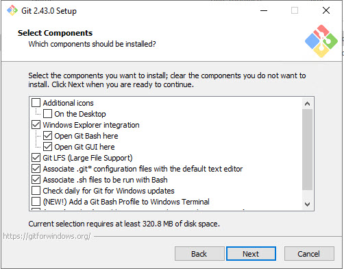 Git select components to install page.