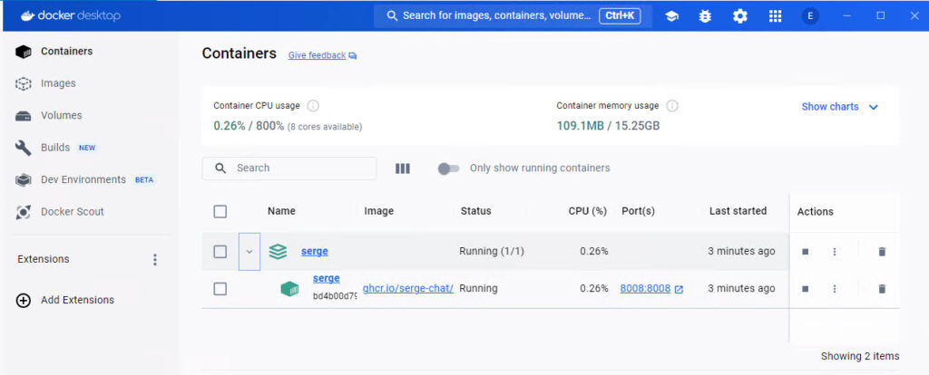 Docker confirmation Serge is running.