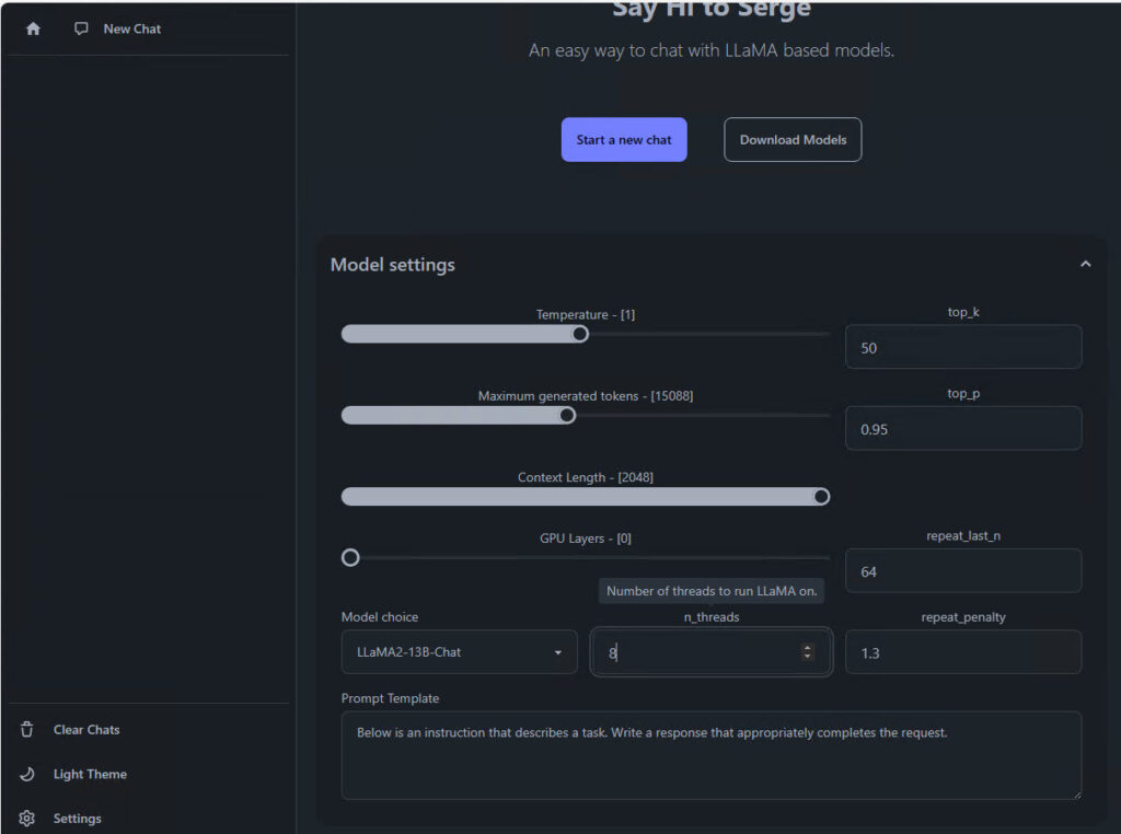 Model settings page.