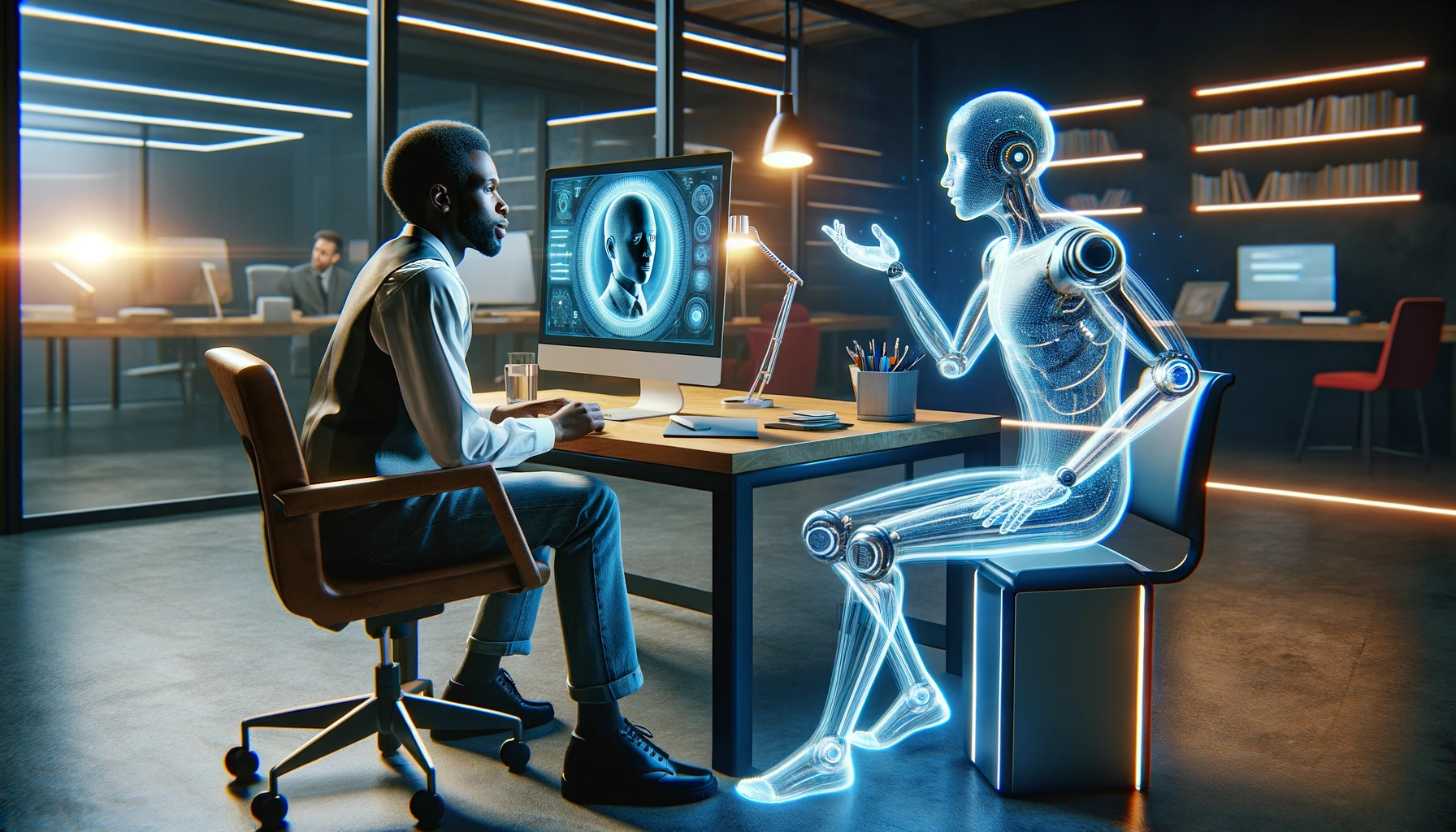 Human male chatting with AI avatar