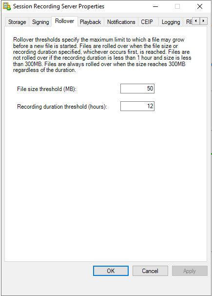 Citrix Session Recording Server Rollover settings