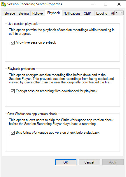 Citrix Session Recording Server Playback settings