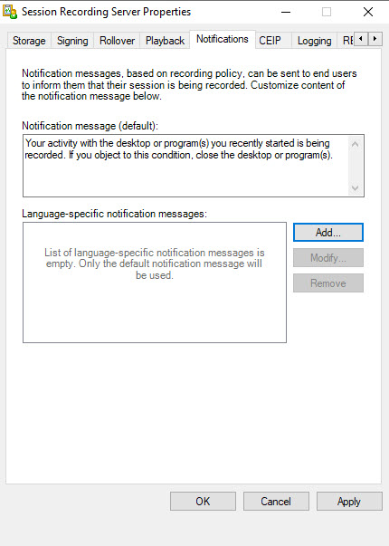 Citrix Session Recording Server Notifications setting