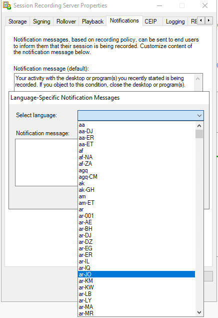 Citrix Session Recording Server Notifications language setting
