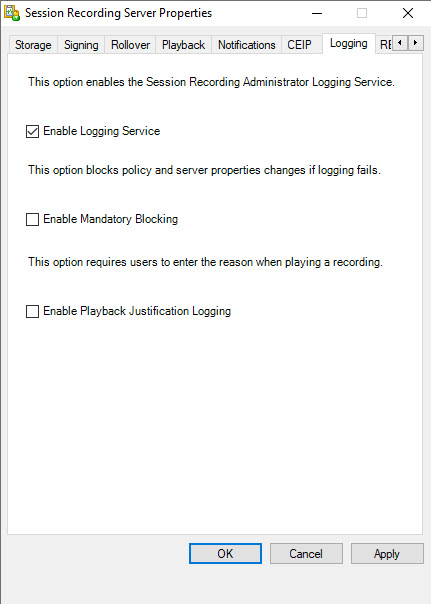 Citrix Session Recording Server Logging settings