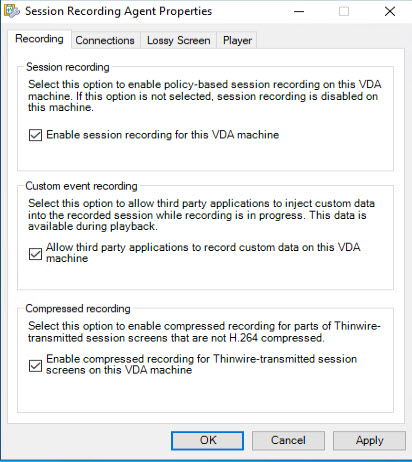 Session Recording agent Recording settings