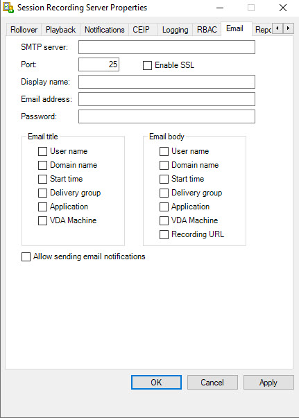 Citrix Session Recording Server Email settings