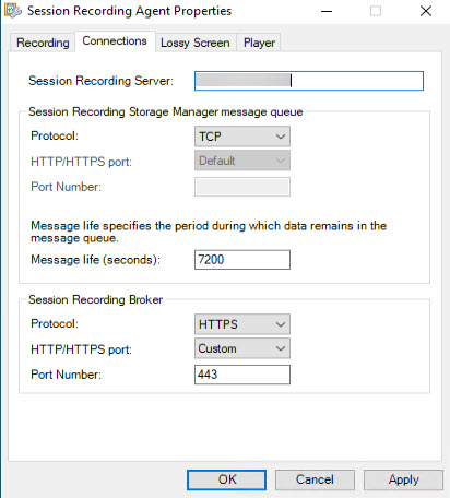 Citrix Session Recording Agent properties, Connections settings