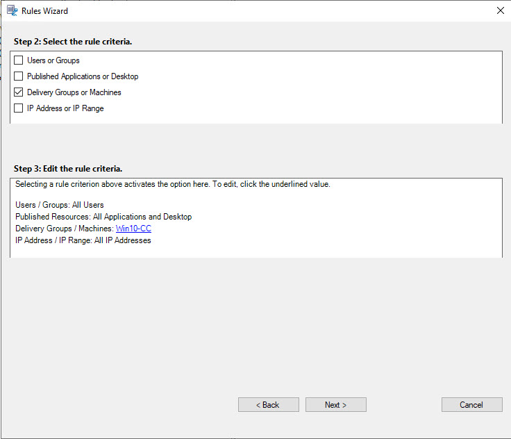 Rules wizard Delivery Group selected screenshot.