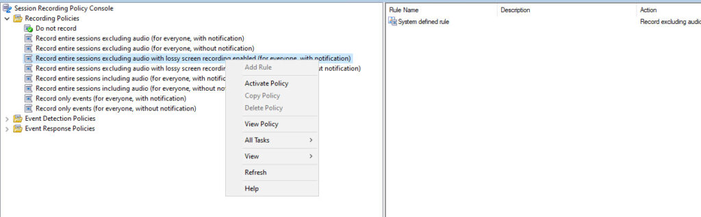 Select and activate a Session Recording policy screenshot.