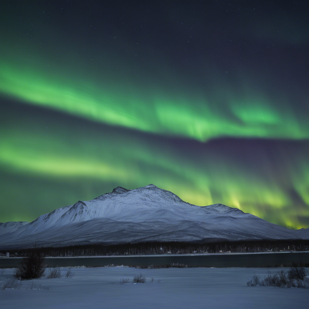 Image of the northern lights over a snowy landscape.