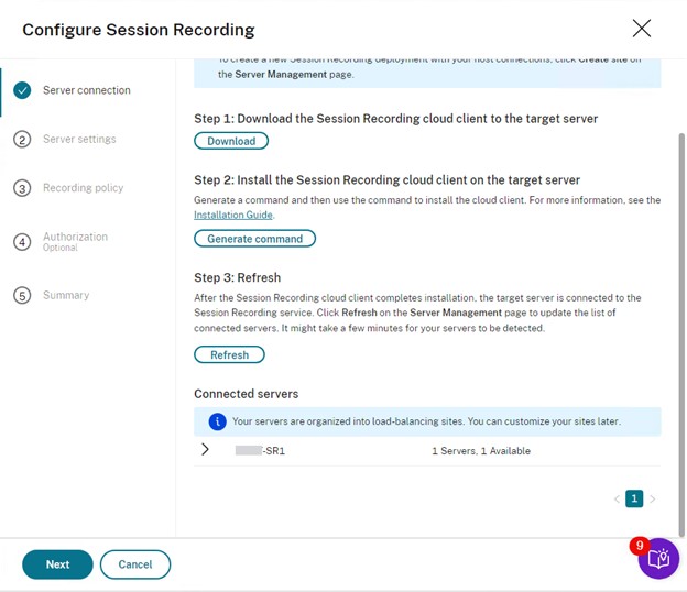 Session Recording server connected to Citrix Cloud.