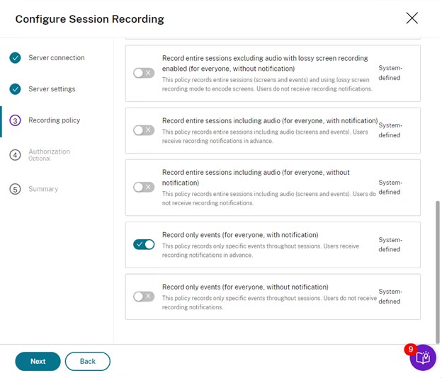 Configure the Session Recording policy.
