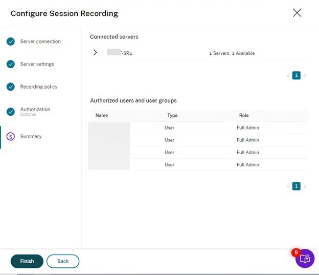 Session Recording configuration summary page.