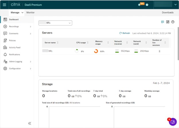 Session Recording service dashboard.