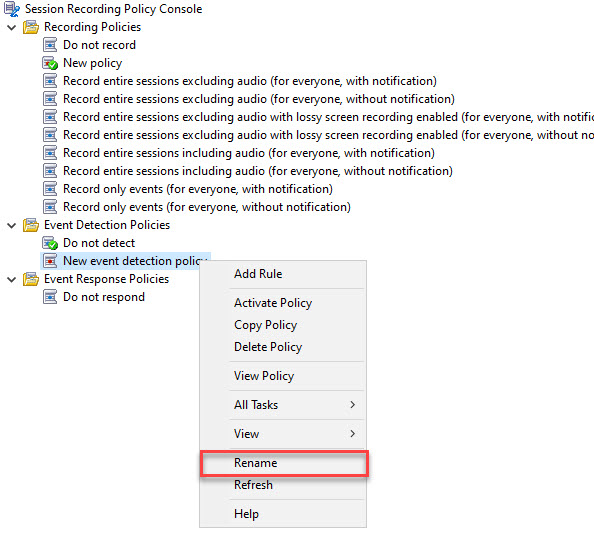 Rename event detection policy menu