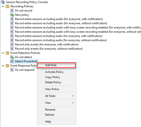 Event Detection policy Add Rule menu